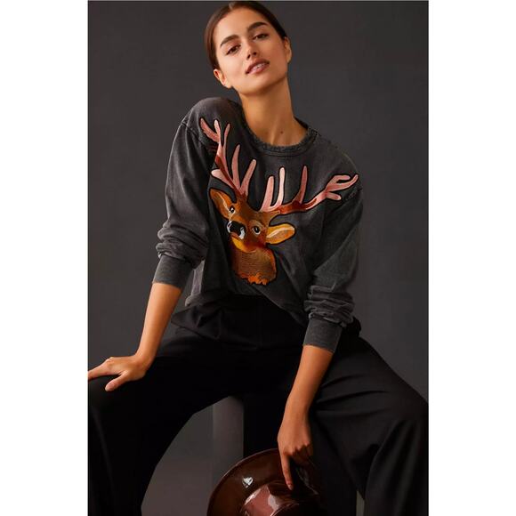 Anthropologie Tops - Anthropologie Tiny Embroidered Reindeer Crewneck Sweatshirt